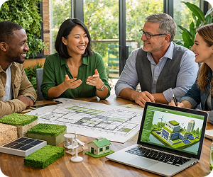 People collaborating on green building projects